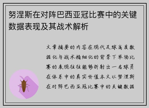 努涅斯在对阵巴西亚冠比赛中的关键数据表现及其战术解析